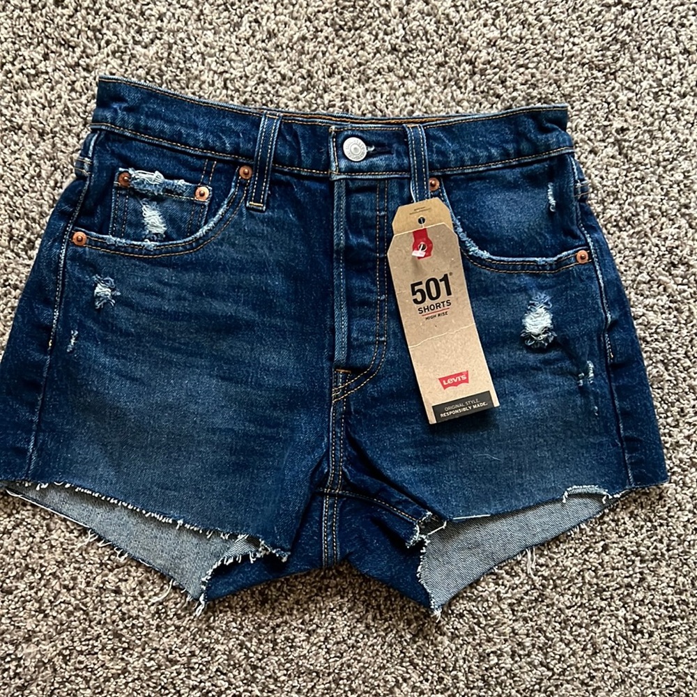 Levi’s 501 shorts, high rise dark blue denim